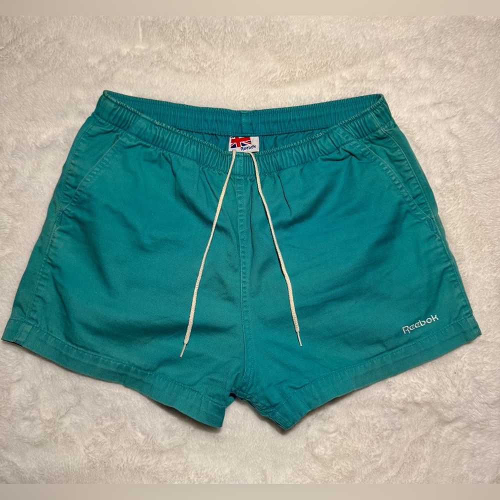 VINTAGE 80s Reebok Teal Drawstring Athletic Shorts